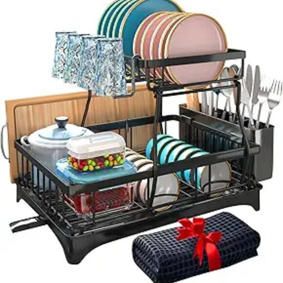 2 Tier Dish Drying Rack with Drain Board Utensil Cup Holder for Kitchen Counter - Picture 7 of 7
